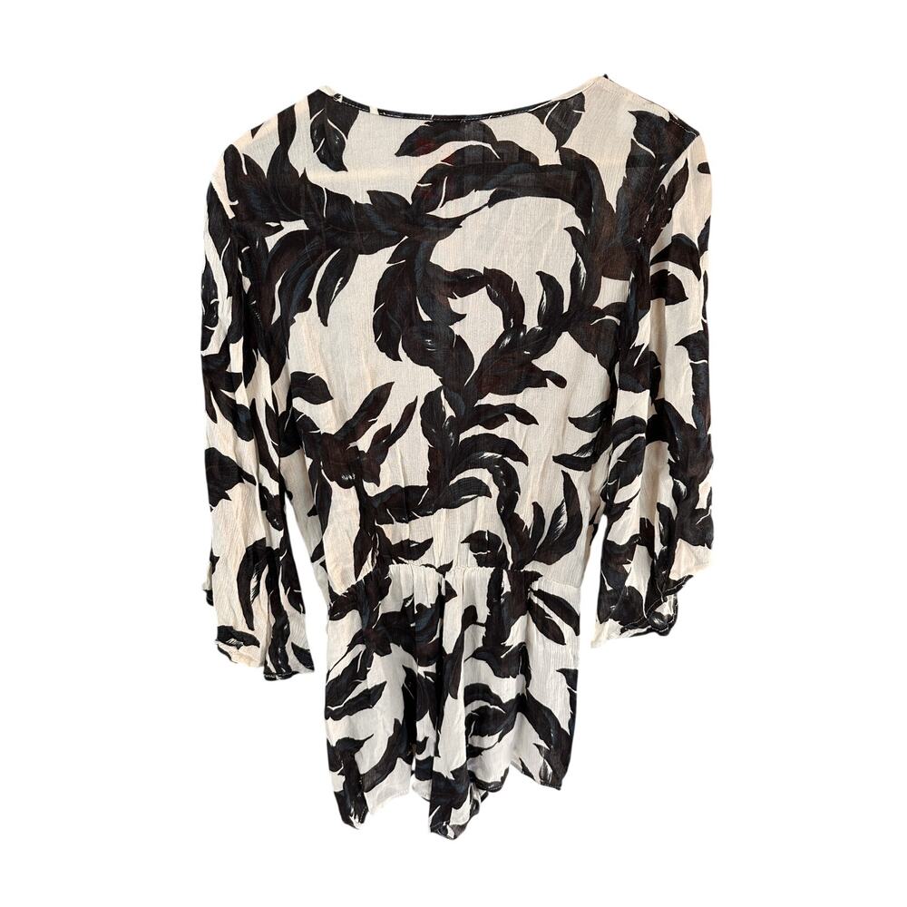 Elan Tropical Leaf Print Romper Swimsuit Coverup, Black/Ivory, size sm - Picture 2 of 6